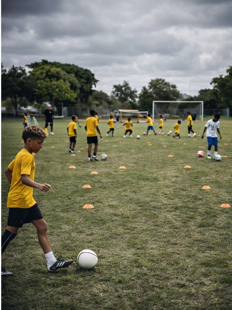 Youth players in yellow jerseys practice dribbling and cone drills on the training field